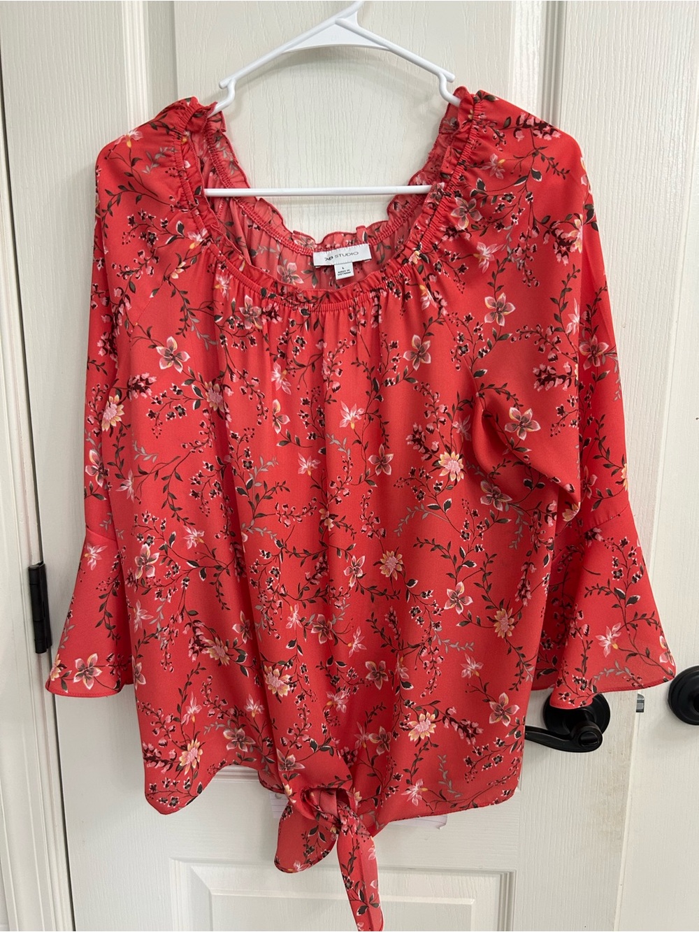 AB Studio Coral-Red Floral Tie-Front Blouse